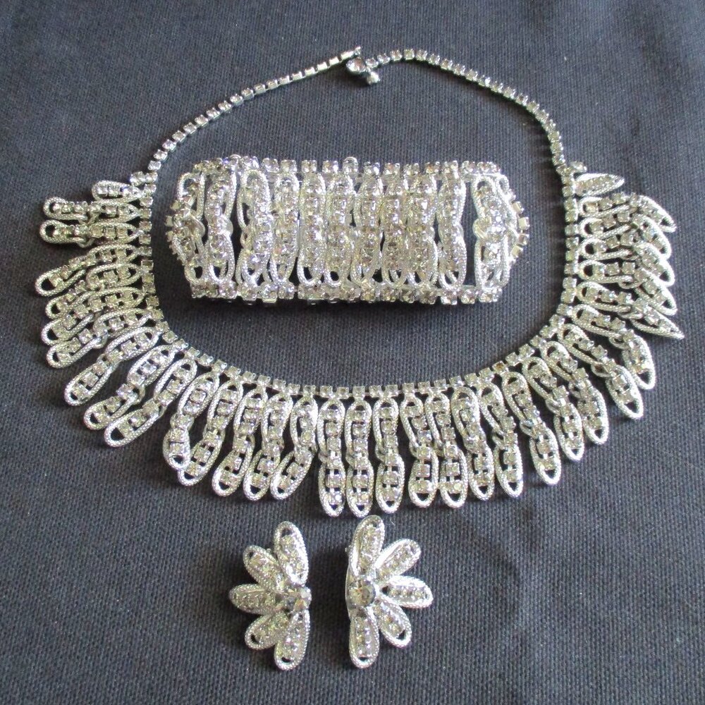 4 pc Vtg Art Deco/Hollywood Glamour Rhinestone Silver Tone Links Jewelry Set